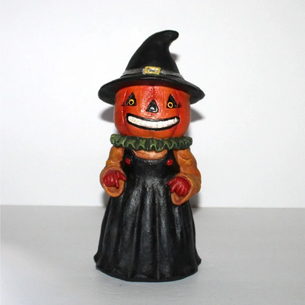 Halloween Figure Pumpkin man black dress witch hat creepy